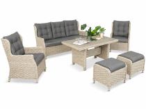 Meble technorattanowe z sofą 178cm, 2 fotelami, 2 pufami i stołem obiadowym z blatem polywood Fiorento - Grey