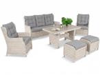 Meble technorattanowe z sofą 178cm, 2 fotelami, 2 pufami i stołem obiadowym z blatem polywood Fiorento - Grey