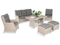 Meble technorattanowe z sofą 178cm, 2 fotelami, 2 pufami i stołem obiadowym z blatem polywood Fiorento - Grey