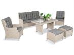 Meble technorattanowe z sofą 178cm, 2 fotelami, 2 pufami i stołem obiadowym z blatem polywood Fiorento - Grey