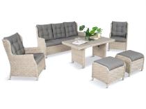 Meble technorattanowe z sofą 178cm, 2 fotelami, 2 pufami i stołem obiadowym z blatem polywood Fiorento - Grey