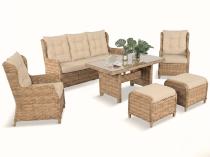 Meble technorattanowe z sofą 178cm, 2 fotelami, 2 pufami i stołem obiadowym polywood Fiorento - Beige