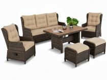 Technorattanowy komplet mebli ogrodowych z sofą, 2 regulowanymi fotelami i 2 pufami - Fiorento Brown Polywood