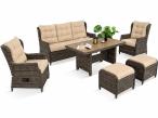 Technorattanowy komplet mebli ogrodowych z sofą, 2 regulowanymi fotelami i 2 pufami - Fiorento Brown Polywood