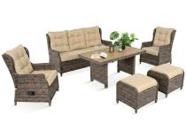 Technorattanowy komplet mebli ogrodowych z sofą, 2 regulowanymi fotelami i 2 pufami - Fiorento Brown Polywood