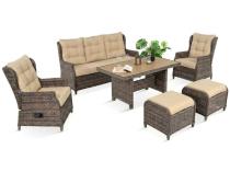 Technorattanowy komplet mebli ogrodowych z sofą, 2 regulowanymi fotelami i 2 pufami - Fiorento Brown Polywood