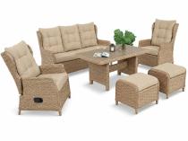 Meble technorattanowe z sofą 178cm, 2 fotelami z regulacją, 2 pufami i stołem obiadowym Fiorento - Beige Polywood
