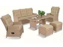 Meble technorattanowe z sofą 178cm, 2 fotelami z regulacją, 2 pufami i stołem obiadowym Fiorento - Beige Polywood