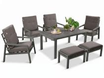 Aluminiowe meble tarasowe dla 6 osób - 4 fotele, pufy, stół 150x90 Tavaro Antracite