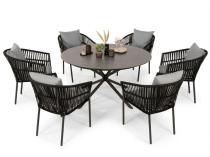 Aluminiowy zestaw obiadowy na taras - Orio - okrągły stół i 6 krzeseł rope - Black Pewter