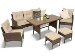 Meble ogrodowe z sofą 175cm, wysokim stołem polywood, fotelami i pufami Perata Dining Brown