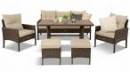 Meble ogrodowe z sofą 175cm, wysokim stołem polywood, fotelami i pufami Perata Dining Brown
