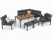 Grafitowy narożnik ogrodowy na taras z wysokim stołem 160cm, fotelami i pufami Doros Corner - Polywood Dark Grey